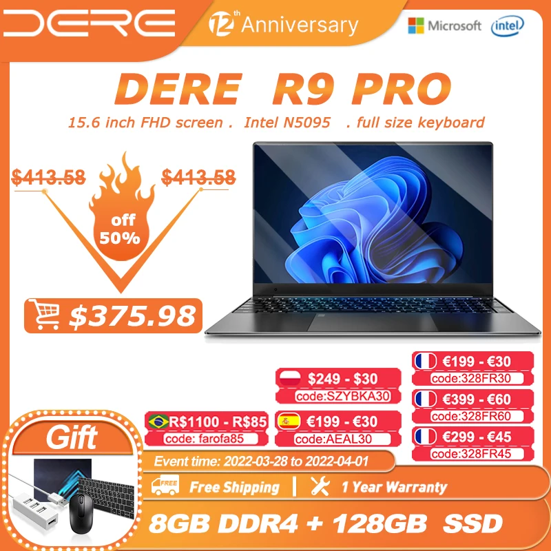 Dere Laptop R9 Pro 15.6 inch 8GB RAM 128GB SSD Intel Celeron N5095 Learning Work Notebook Windows 10 Gaming Notebook Pc Portable|Laptops| - AliExpress