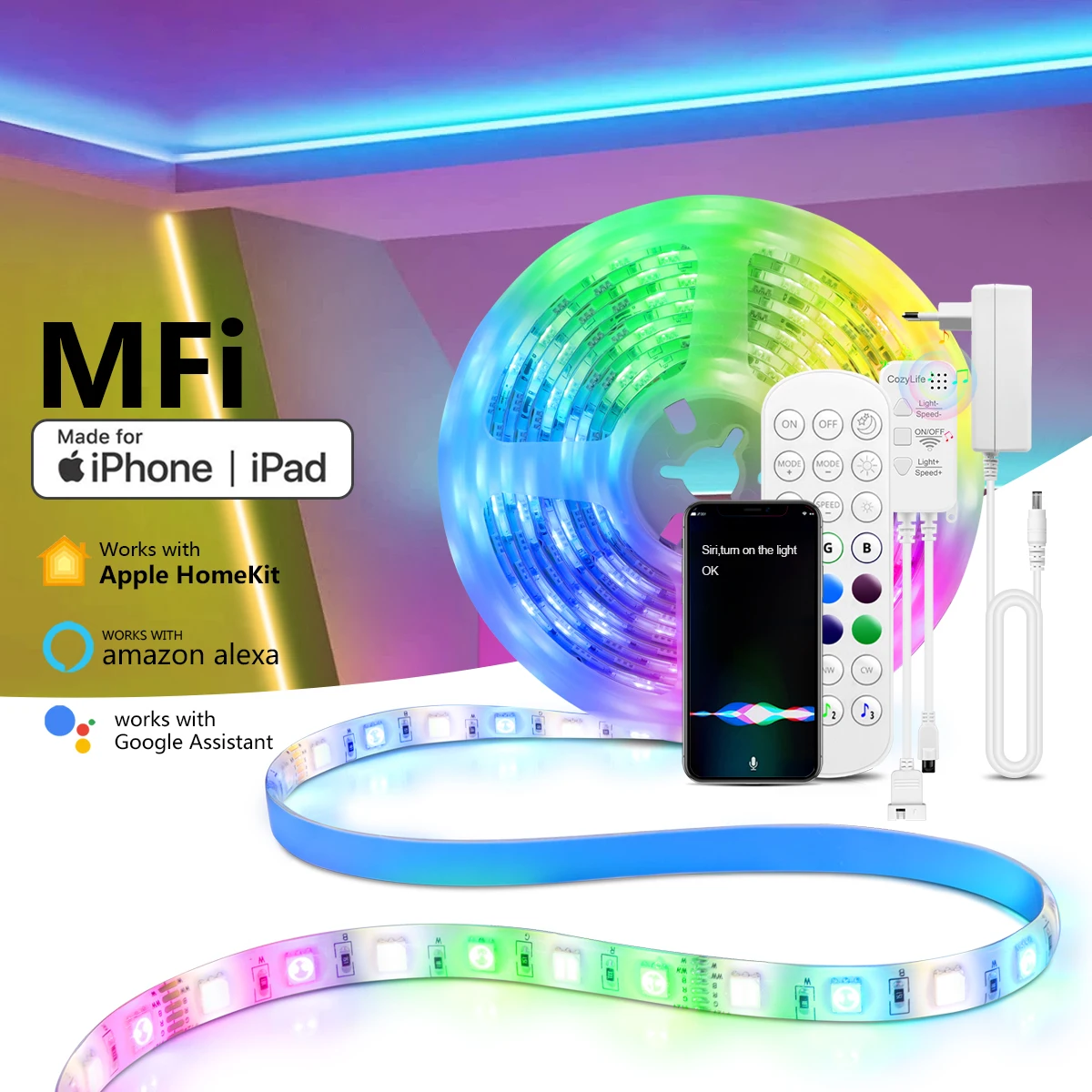 Homekit 5M RGB+CCT LED Strip Light Sound Sensor WiFi RGBCW Controller  Remote Control For Apple Home Kit Alexa Echo Google Home