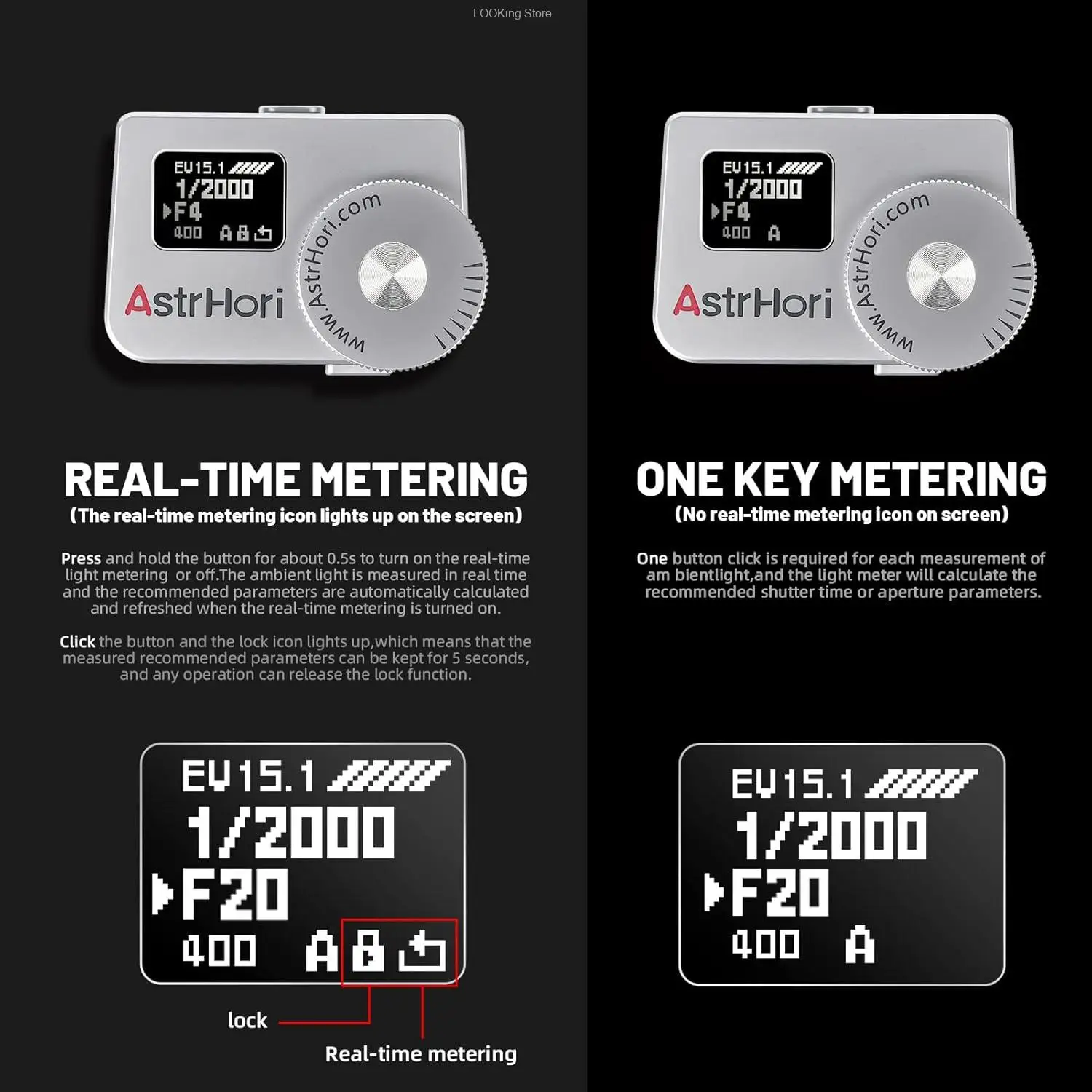 AstrHori AH-M1 카메라 라이트 미터 0.66인치 OLED 스크린 범용 콜드 슈 고정 셔터 사진 촬영 라이트 미터 DSLR 카메라용