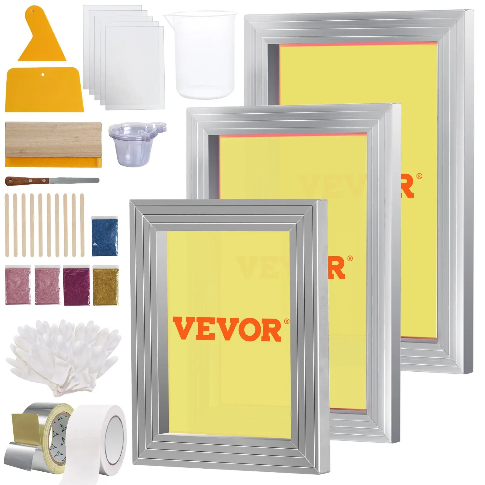 

VEVOR Screen Printing Kit 3 Pieces Aluminum Silk Screen Printing Frames 5 Glitters and Screen Printing for T-shirts DIY