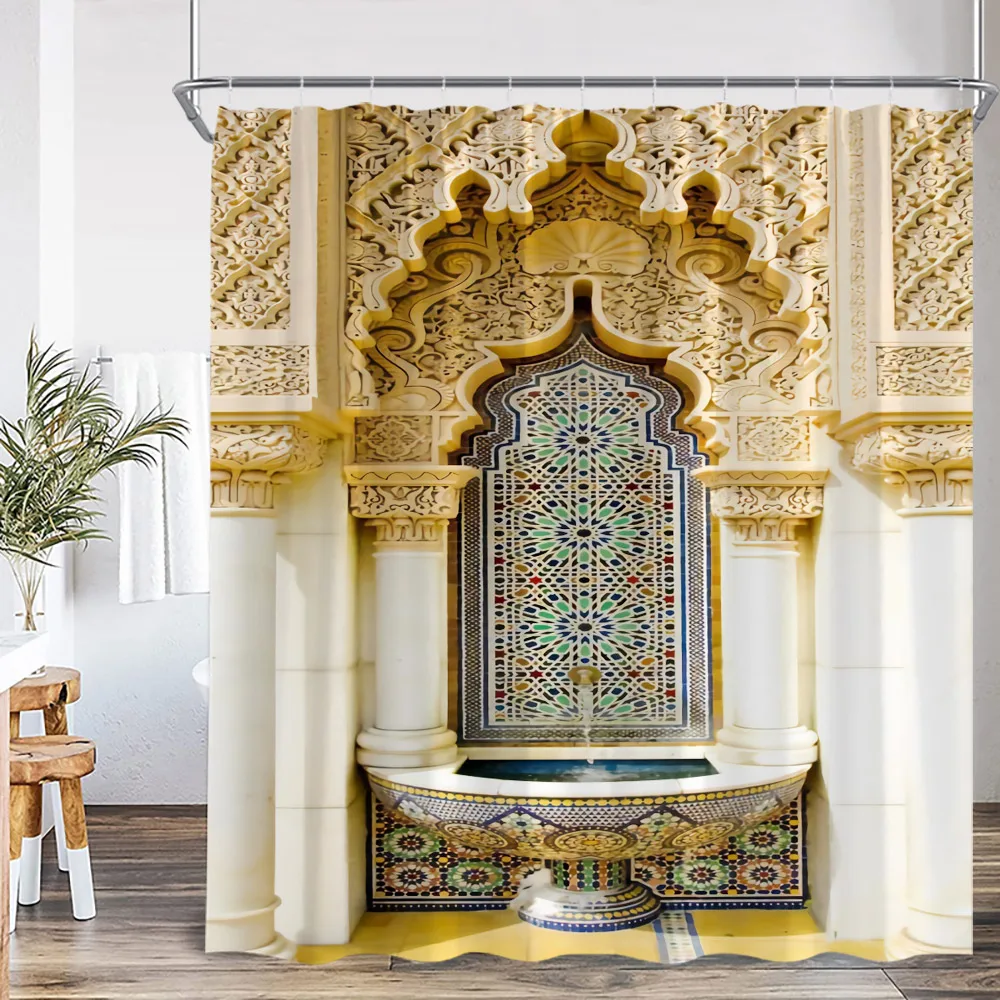 Rideau de Douche Marocain Vintage, Fontaine Architecturale Rétro, Mur de Style Ethnique, Décor de Maison avec Crochets