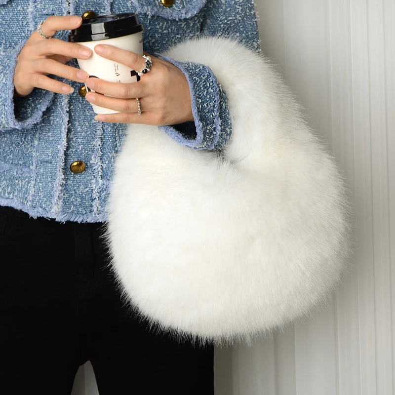 Women's Winter Casual Furry Shoulder Bag Soft Plush Solid Color Clutch Purse Lightweight Female Hobos Handbag