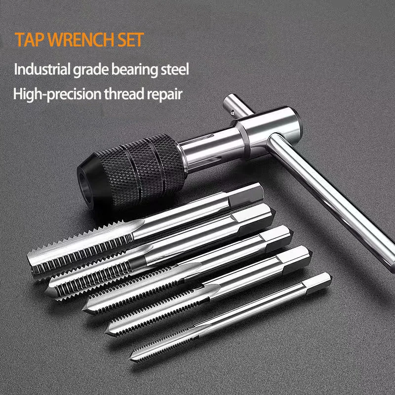 6Pcs T-type hine Thread Tap Drill Machine Screw Thread Metric Plug Tap Drill Set Hand Tools M3 M4 M5 M6 M8 + Wrench drills tools