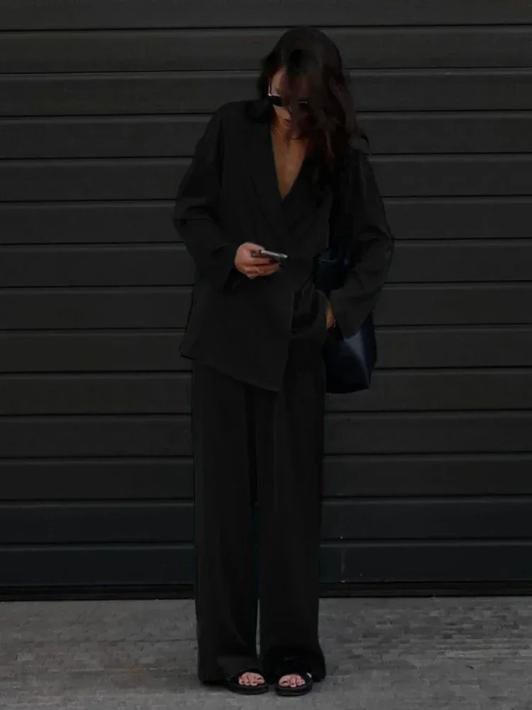 Office Wear Women Suit Collar Long Sleeve Solid Color Suit Elastic Waist Loose Pants Fashion Elegance Women Suits Office Sets