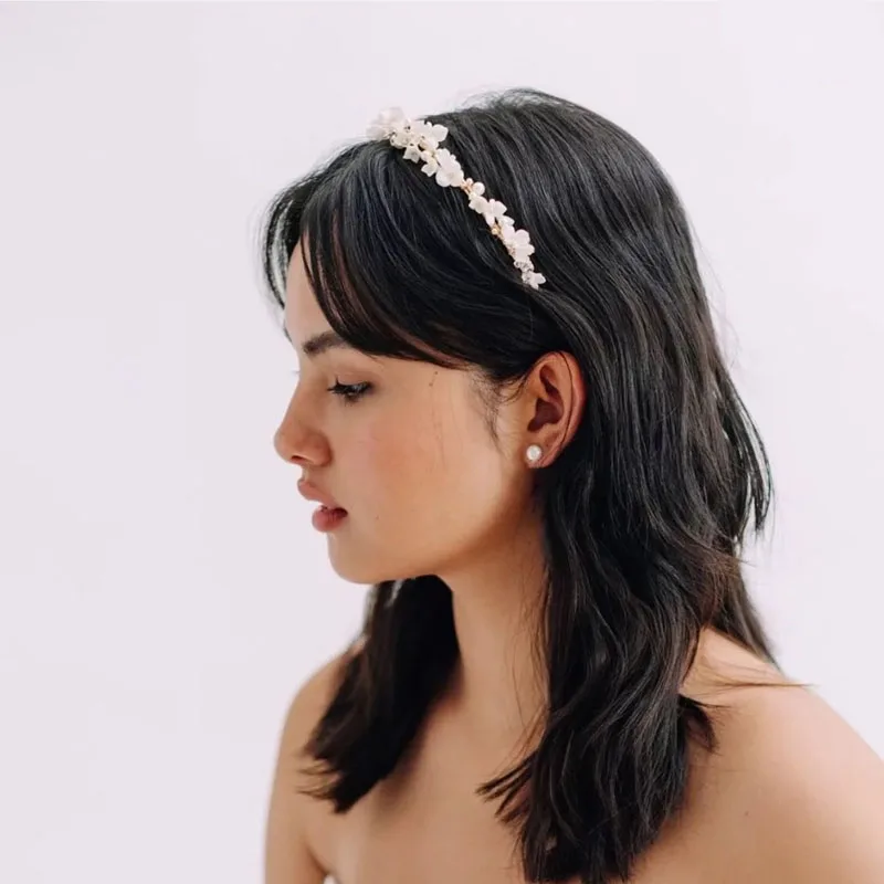 SLBRIDAL Handmade Luxury Rhinestone Crystal Pearls Porcelain Flower Bridal Tiara Wedding Crown Bridesmaids Women Hair Jewelry