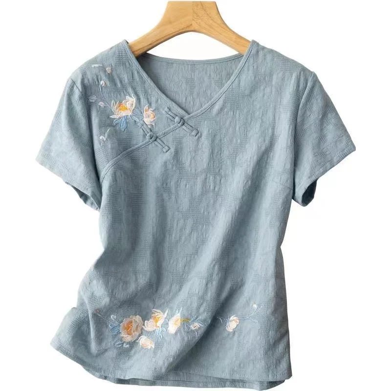 China Style Spring Summer Printing T-shirt Loose Top Oriental  Female Clothes Chinese Blouses For Women Retro Cotton Linen Shirt