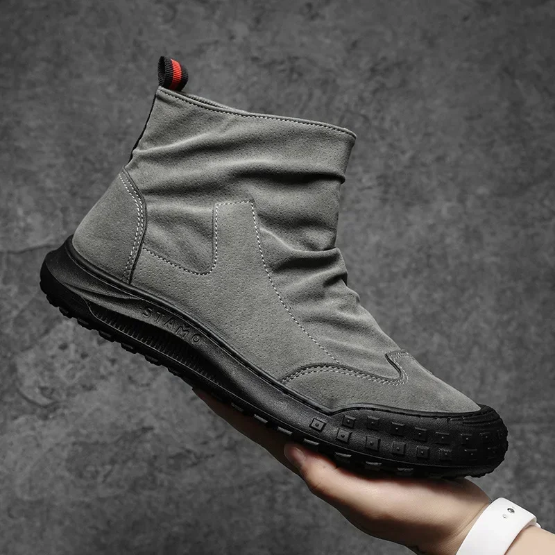 Men's Boots High Cut Workwear Shoes Autumn 2025 Flat Zipper Pleated Non Slip Comfort Thick Soled Wear-resistant Fashion Boots