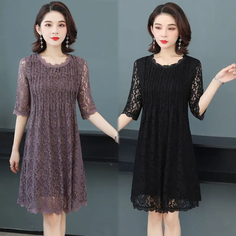 

New 2023 Summer Women's Vintage Lace Slim Fit Solid Casual Short Sleeve Elegant Long Dresses Female Round Neck for Women V232