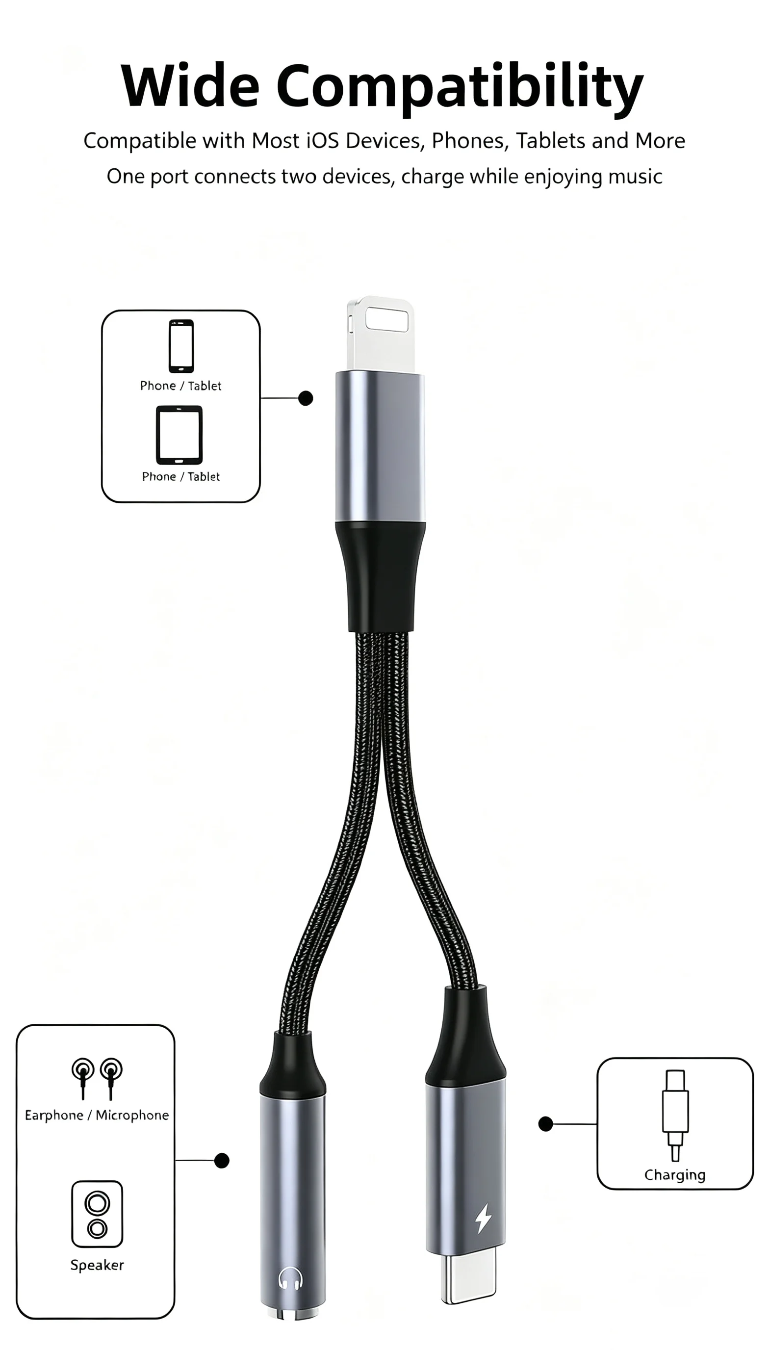 Dual Function Lightning Audio Splitter & Charger with Braided Cable