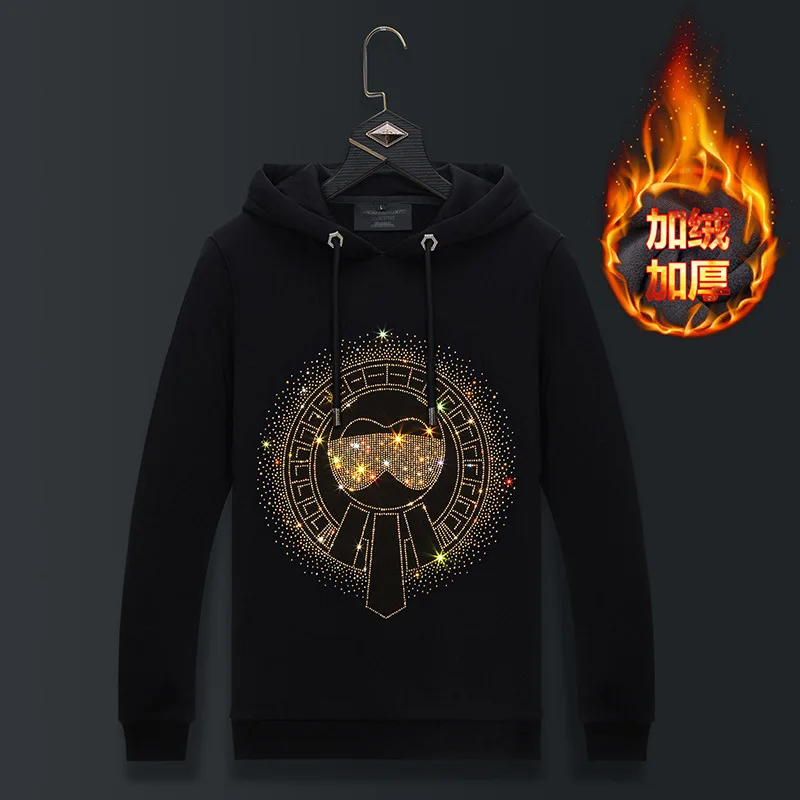 

2023 Men Hoodie Sweatshirt Fashion Streetwear Rhinestones Pullover Hooded Hoodie Thick Mens Winter Clothes Sweat Capuche Homme