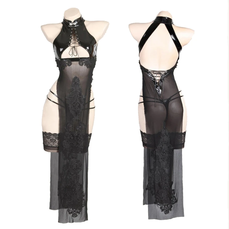 

Game NieR Automata 2B Cosplay Costume Hot Sexy Lingerie Net Cheongsam Lacquer Set Women's Bandage Hollow Out Qipao Dropship