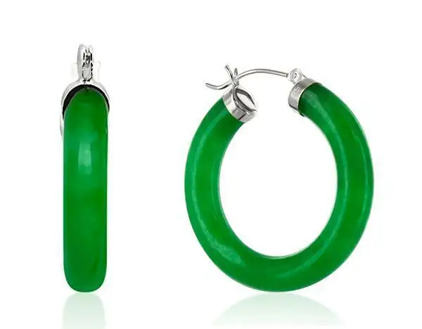 Green Jade Hoop Earrings 925 Sterling Silver Hoops 4.3mm Wide 1 Inch Round