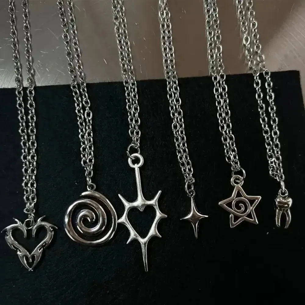 Y2K Punk Spiral Heart Star Tooth Pendant Necklace Set Silver Tone Chain Necklaces for Women E-girl Grunge Aesthetic 1