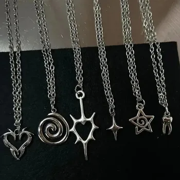 Y2K Punk Spiral Heart Star Tooth Pendant Necklace Set Silver Tone Chain Necklaces for Women E-girl Grunge Aesthetic 1