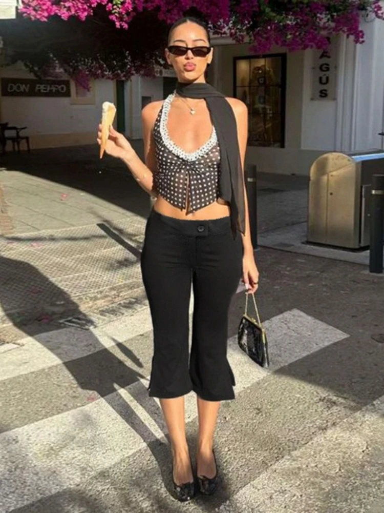 Black Capris Slight Flare Pants Women Y2k Clothes Slim Fit Trousers Pantalones De Mujer Zipper Roupa Feminino Streetwear - 2