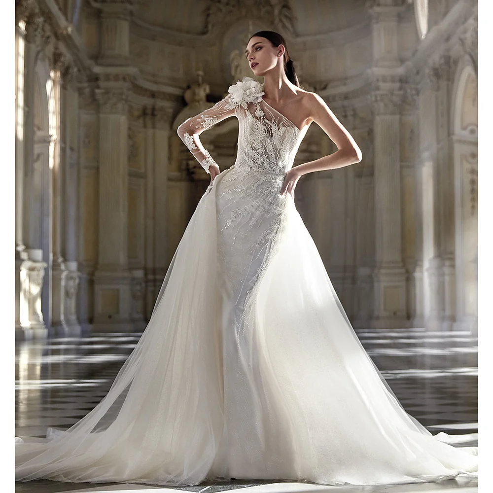 

STEVDITG Gorgeous One-Shoulder Mermaid Wedding Dress Luxury Beads Sequined Appliques Gowns Elegant Flower White Bride Dress