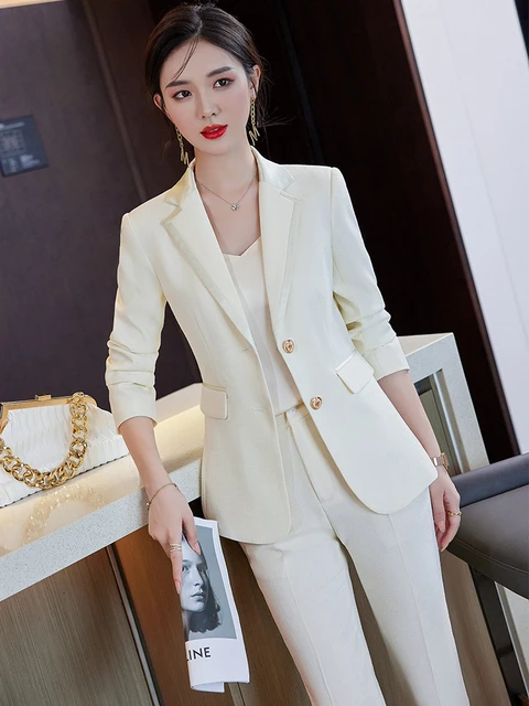 Womens Blazer Pant Suit Elegant Slim Business Office Ladies Set with Trouser