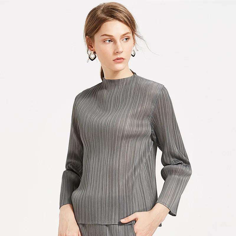 

Miyake simple classic pleated women's long-sleeved top women's spring and summer stand-up collar long-sleeved top T-shirt