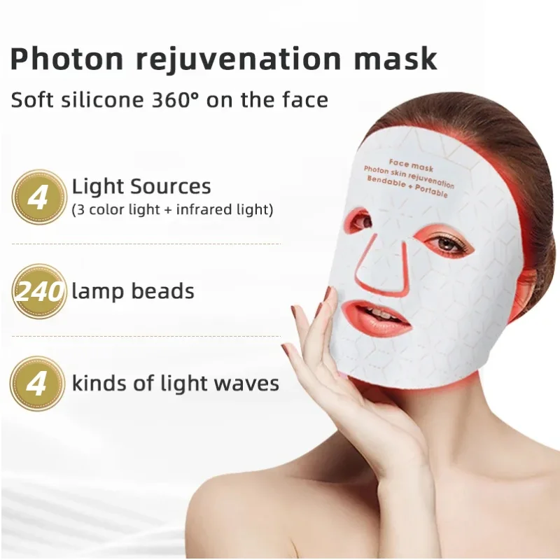 Silicone Led Red Light Therapy Facial Face Mask with Neck 240pcs 460 590 630 850nm PDT Infrared Lamp 4 Colors Photon Therapy