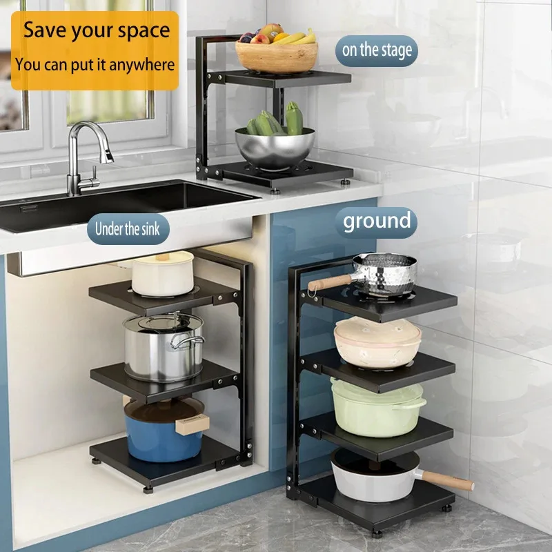 Rack Kitchen Pot Rack Storage Special Pot Rack Multi-layer Adjustable Cabinet Pantry Table Rack Stainless SteelSewer Storage 3