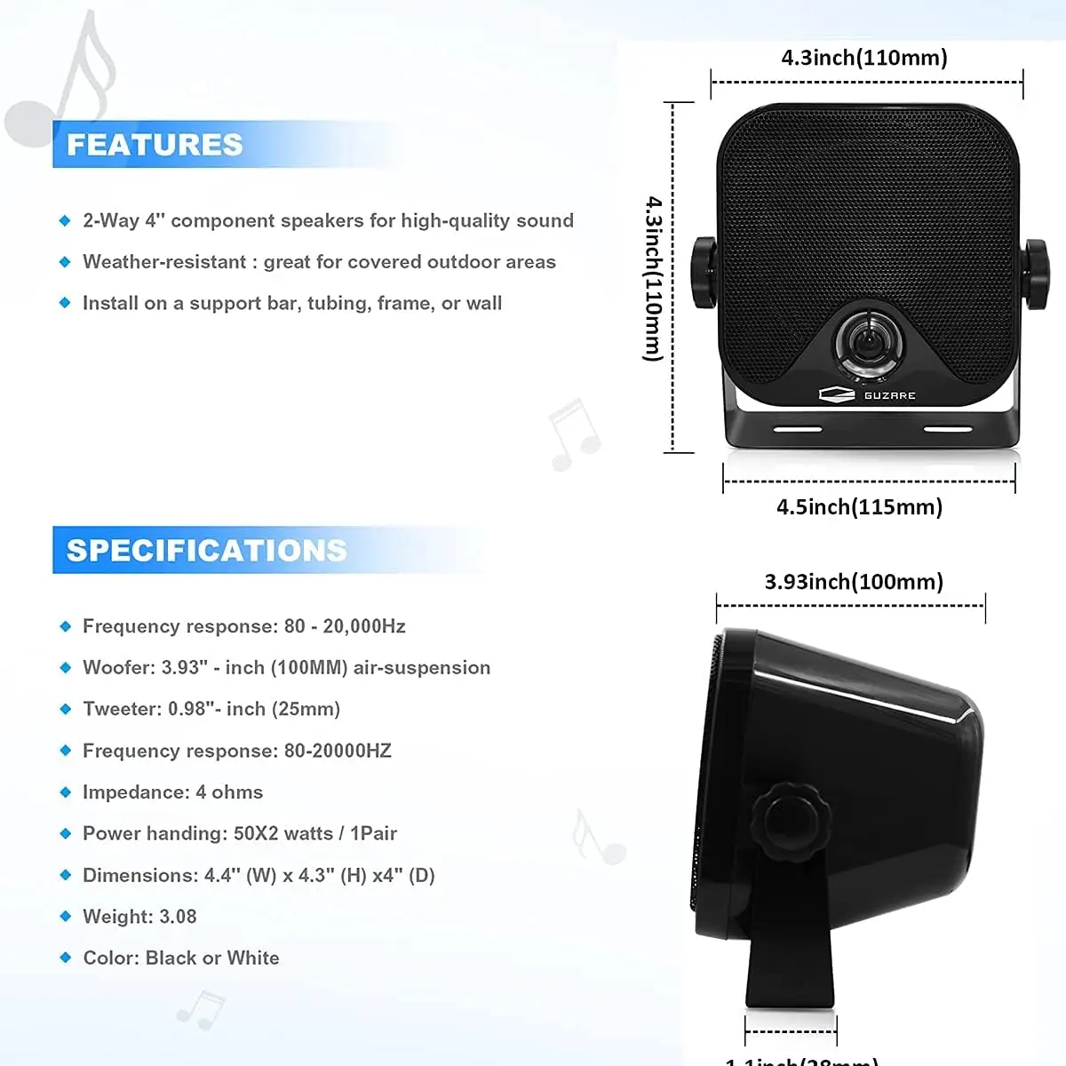 Marine Radio Bluetooth and Speakers Audio System Package-Waterproof Marine Stereo Receiver+ 1 Pari 4 inches Black Speake