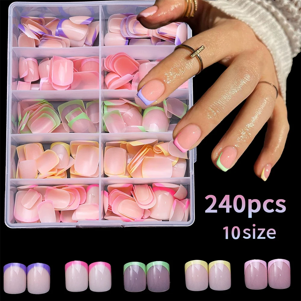 240pcs 손톱에 짧은 사각형 프레스 12 크기 혼합 색상 밝은 파스텔 클래식 프랑스어 팁 거짓 손톱 사전 모양의 소프트 젤 네일