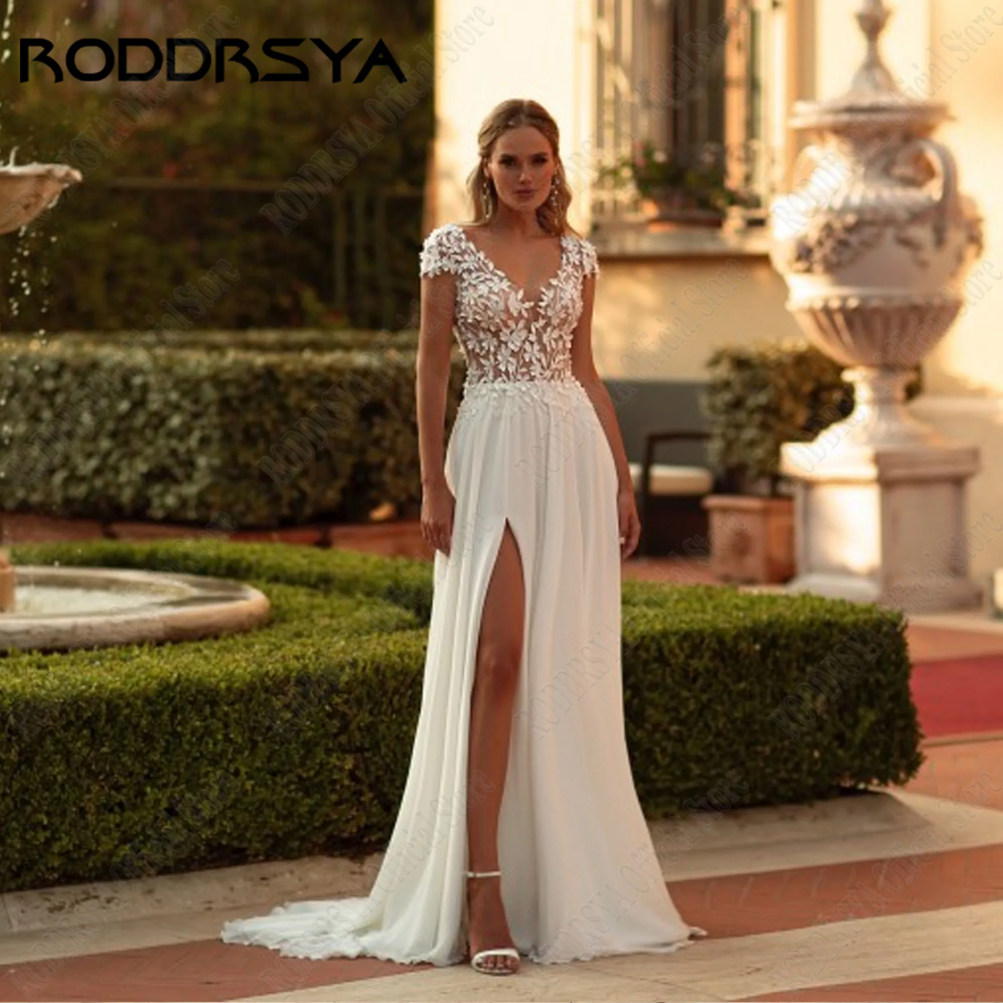 RODDRSYA Wedding Dress Chiffon Cap Sleeves Applique Double V-Neck Bride Gowns Side Split Vestidos Novias Boda Sweep Train Custom 3