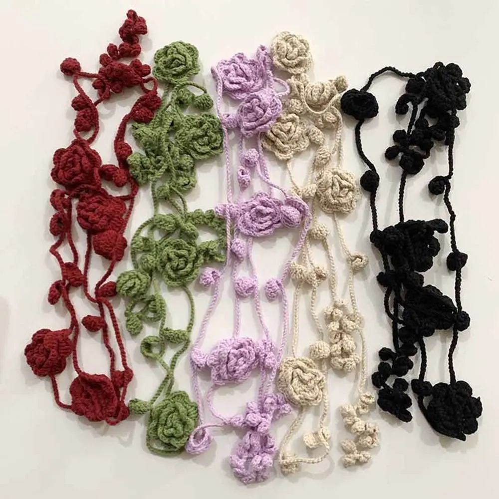 Creative Multicolor Y2k Rose Necklace Long Scarf Crocheting Rose Flower Neck Chain Decoration Accessories Rose Scarf Girl