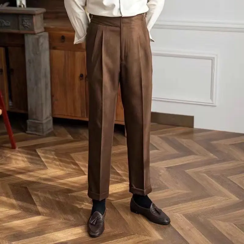 Autumn High Waist Suit Trousers for Men Business Casual Gentleman Straight Brown Pants Retro Drape Office Dress Pants Men 5