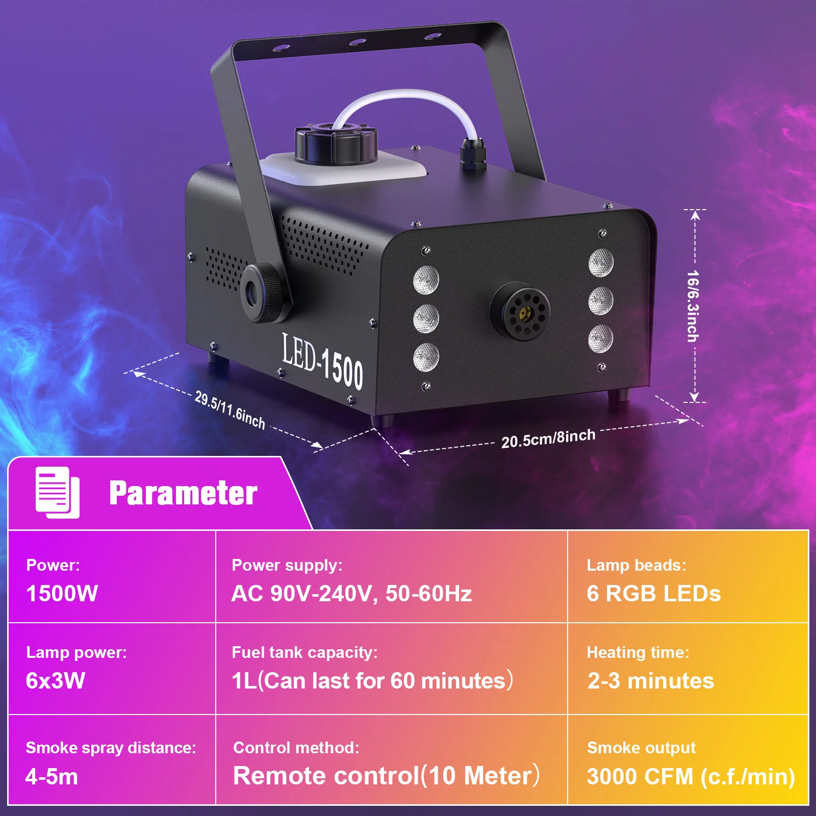 1500W Smoke Machine RGB 6 LED Fog Machine with Remote Control for DJ Disco Party Christmas Stage Effect Fogger