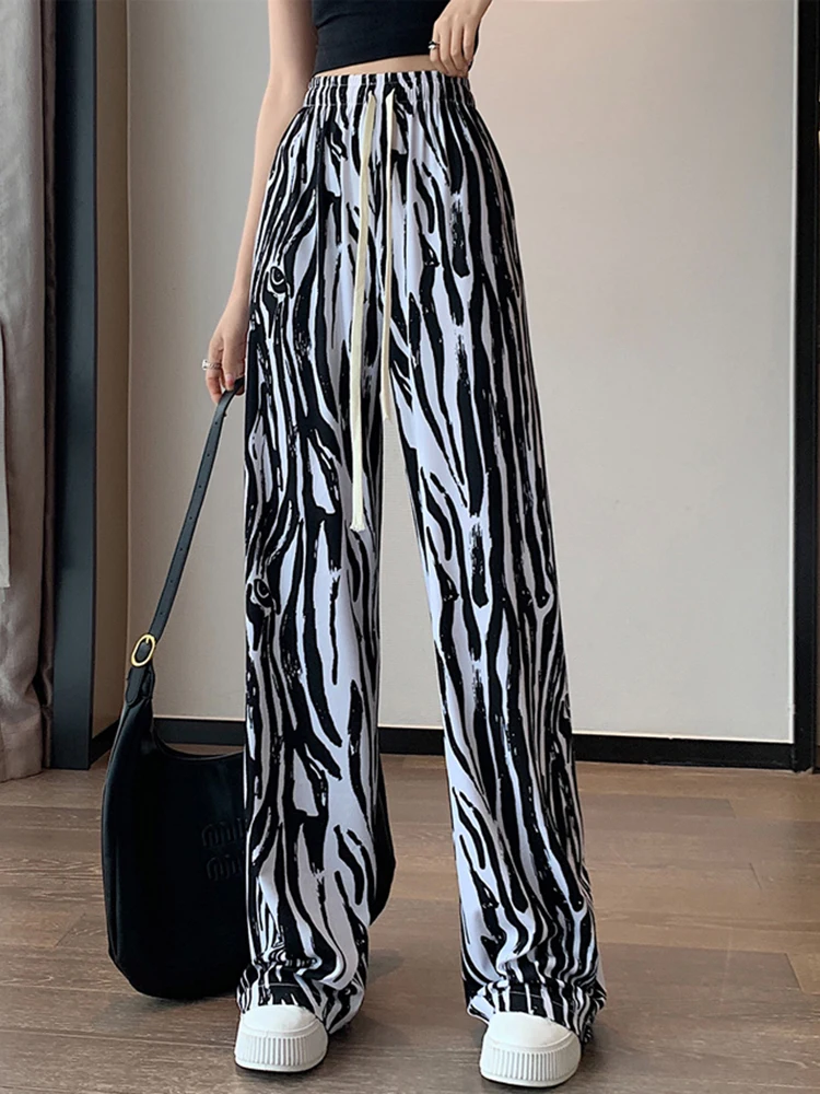 

Women Summer Pants Striped Thin Drape with A Slimming and Loose Fit Straight Tube Casual and Versatile Wide Leg Pants D3535
