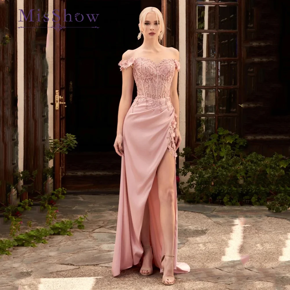 

MisShow Sexy High Slit Mermaid Prom Dresses for Women Party Lace Appliqué Corset Off-Shoulder Long Formal Satin Evening Gowns