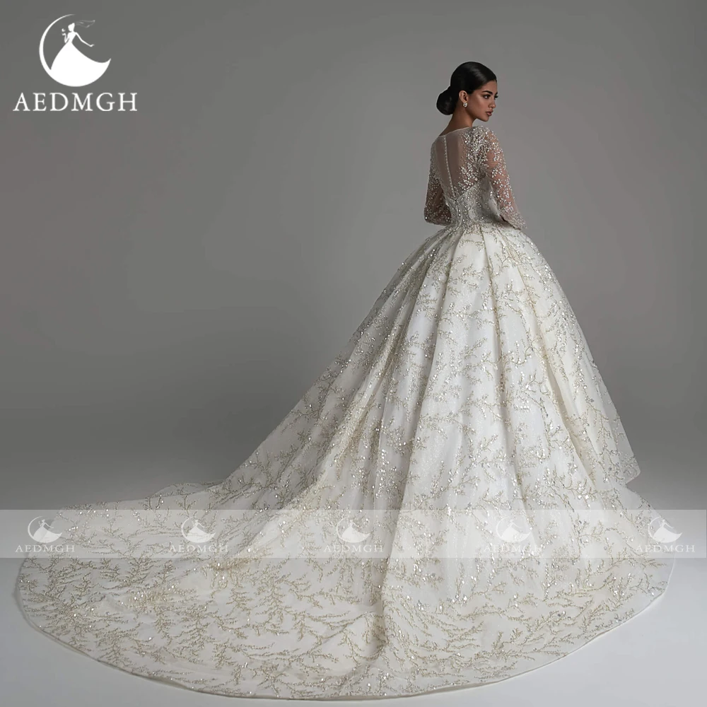 Suknia balowa Aedmgh ślub księżniczki sukienki z 2024 dekoltem z okrągłym dekoltem z długim rękawem Vestido De Novia koronkowe koraliki