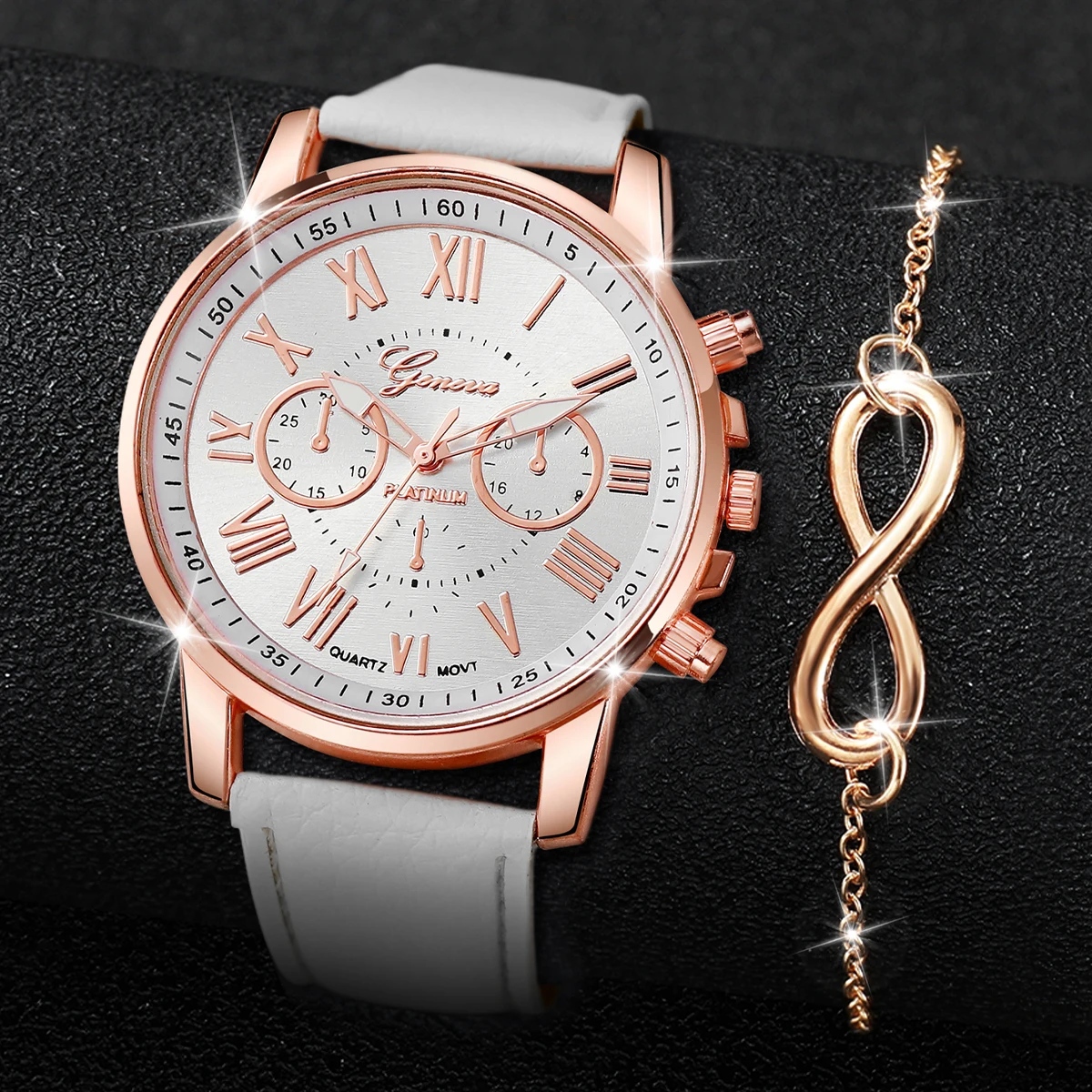2Pcs/set Fashion Women Leather Band Quartz Watch & Bracelet