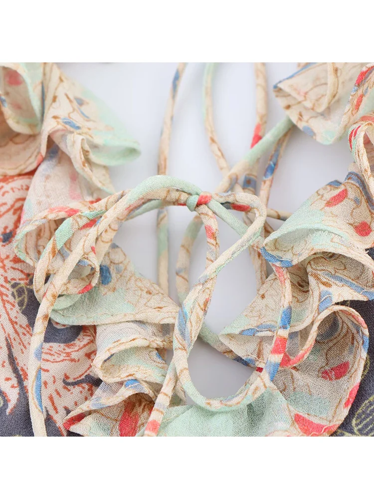 TFMLN 2025 New Women's Elegant Ruffled V-neck Mixi Dresses Sexy Sleeveless Spaghetti Strap Chic Printed Dress Fashion Slim