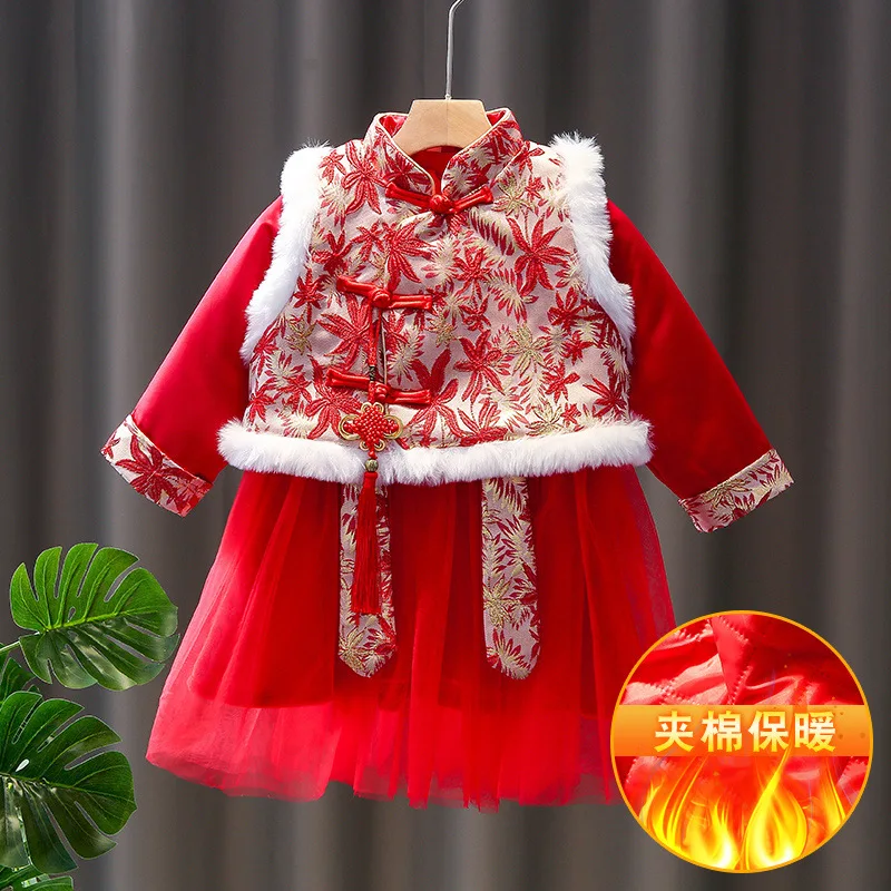 

Зимнее детское Новогоднее платье, красивое китайское Старинное платье ханьфу для девочек, хлопковый костюм Тан с вышивкой, традиционный плотный и стеганый костюм для детей