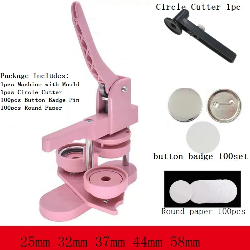 25mm 32mm 37mm 44mm 58mm pin button badge maker machine with 100pcs button badge components and manual round cutter
