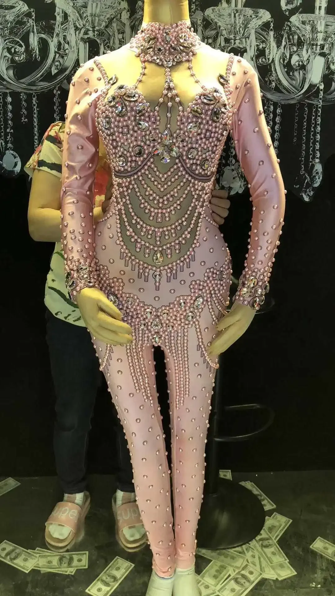 Nightclub bar printed imitation flesh-colored pearl rhinestone conjoined gogo costume.