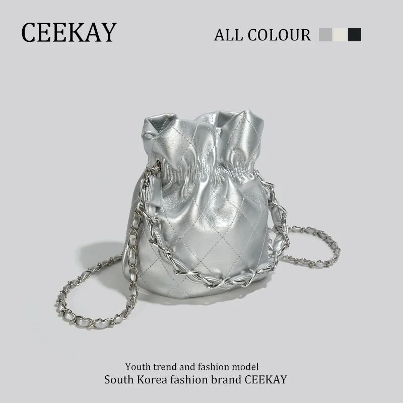 Ceekay 여자 미니 실버 체인 버킷 백 높은 감각 작은 가방 여성 2023 여름 새로운 메신저 가방