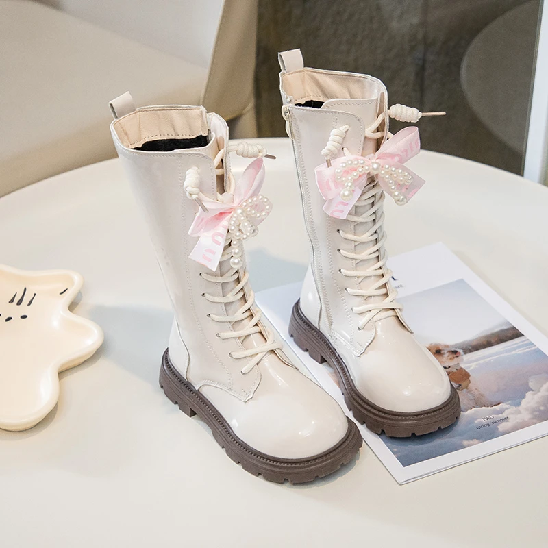 Leather Mid Calf Boots for Girls with Plush Lining