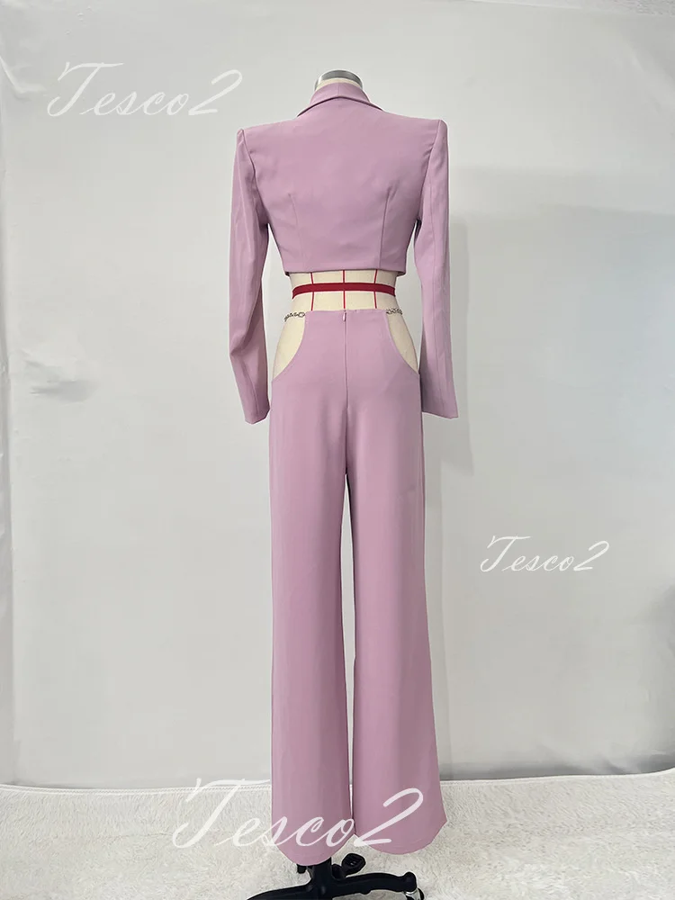Tesco Chic Women's Pant Sets Short Blazer Suit+Chain Wide Leg Pants Women Sexy Suit For Club Party Female Outfits 2 Piece