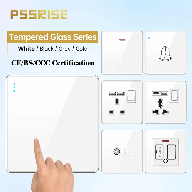 Pssrise-eu uk Tomada de Parede com 5v 3.1a Usb Tipo-c Carregador Rápido Painel de Vidro Temperado Completo Interruptor de Luz tv Tomada Tel