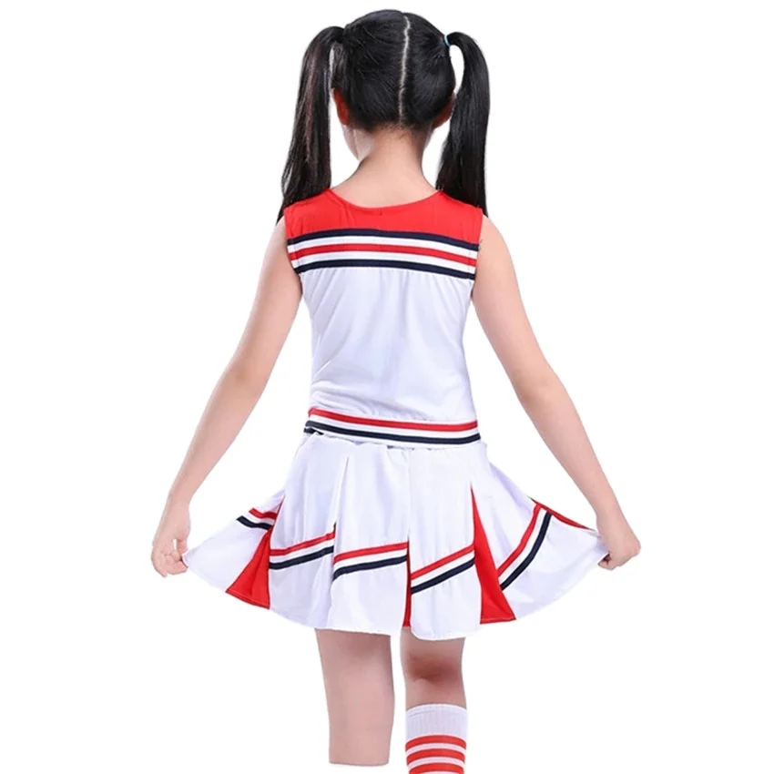 Girls Red Cheerleading Costume Kids Boy Competition Cheerleader Uniform School Team Performance Dance Costumes Pompoms and Sock