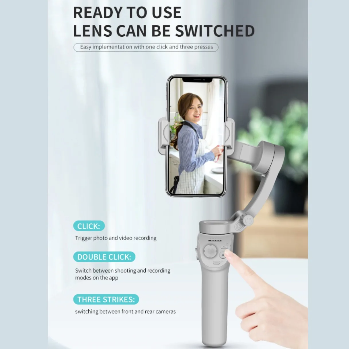 Gimbal 3-axis stabilisateur pour smartphone noir en action, stabilisation fluide pour des vidéos professionnelles.