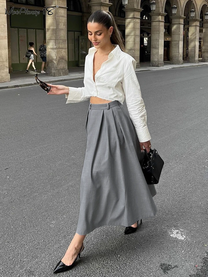 Mnealways18 Gray Pleated Evening Women A-Line Skirts Elegant