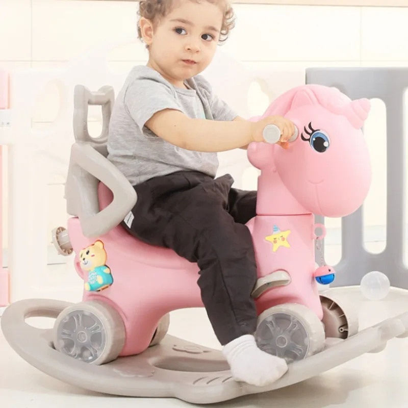 

children's rocking horse baby one-year-old gift toy carton car dual-use kids trolley green pink story music rotatable