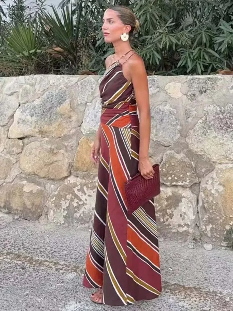 2025 Fashion Backless Halter Striped Print Women Dresses  Fashion Elegant Slim Party High Street Dresses