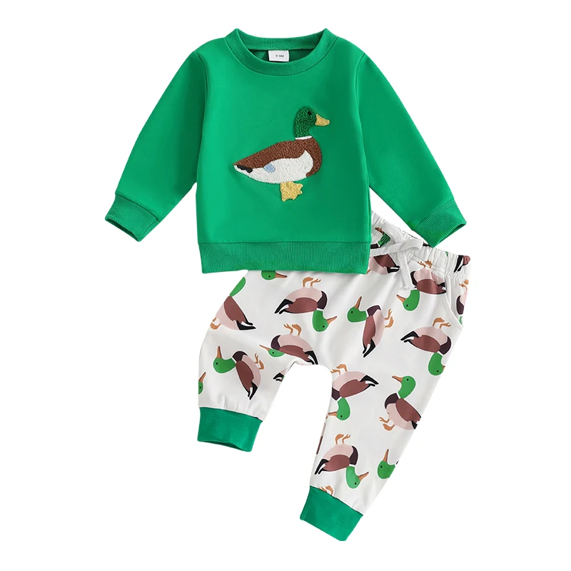 Boy 2PCS Autumn Outfit Sets Long Sleeve O Neck Tops Duck Print Drawstring Pants Sets