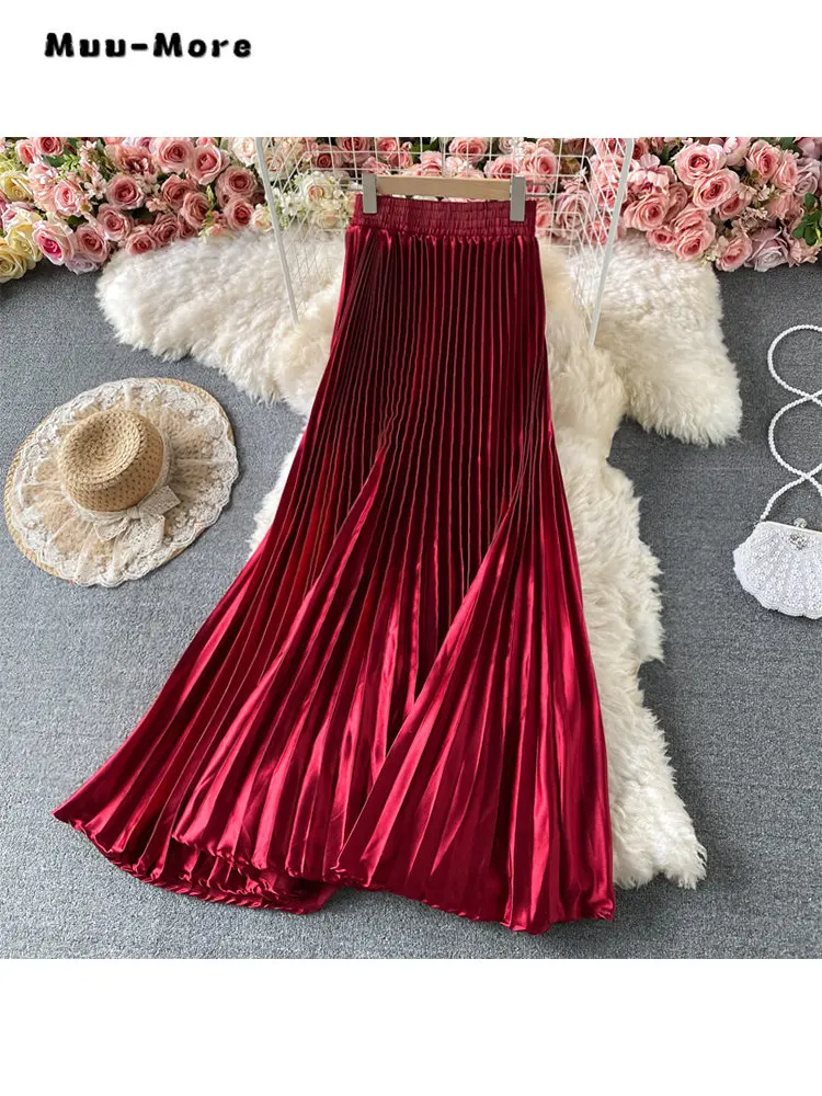 

2023 Summer Vintage Solid Color Soft Mid Long Skirts French Style Women Elegant Elastic Waist Loose Pleated Skirt Evening Skirt
