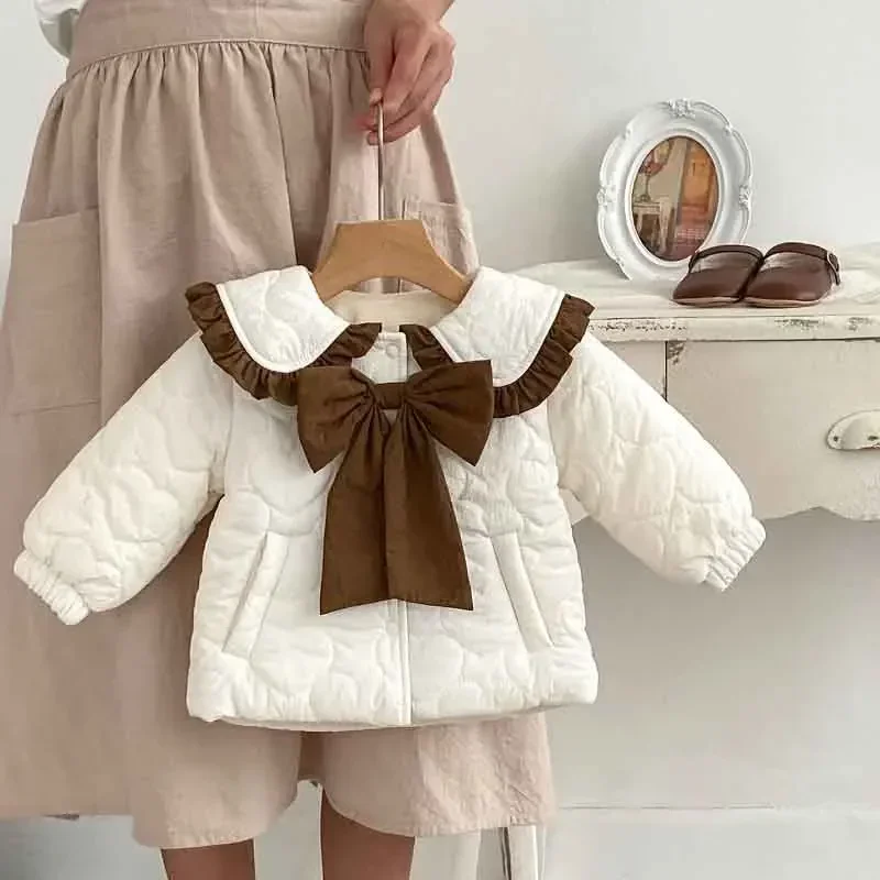

2023 Winter Baby Coat 0-3Years Princess Newborn Girl Long Sleeve Bow Fleece Thicken Warm Down Jacket Outerwear Clothes